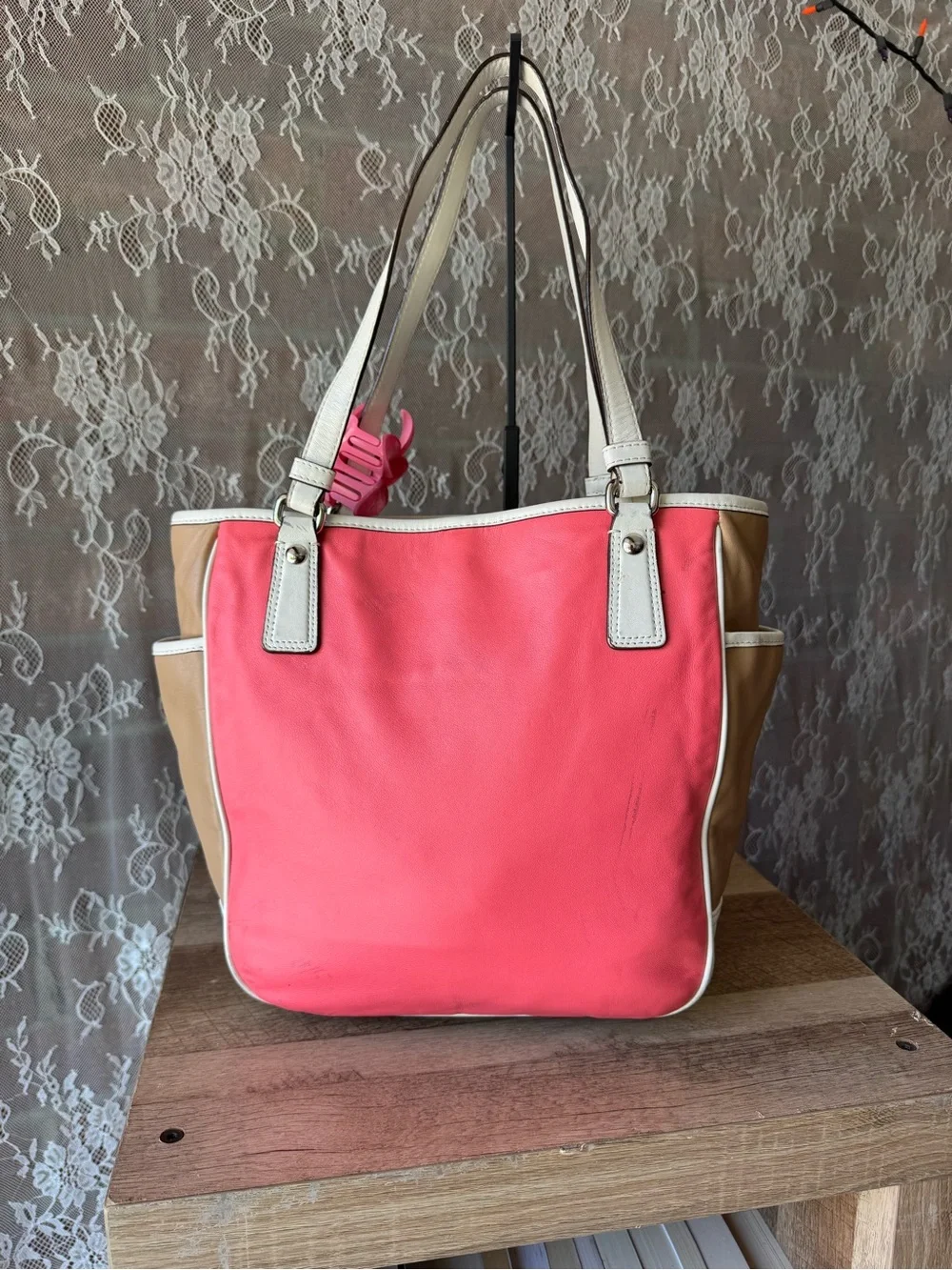 Coach Pink and Tan Leather Tote with White Trim